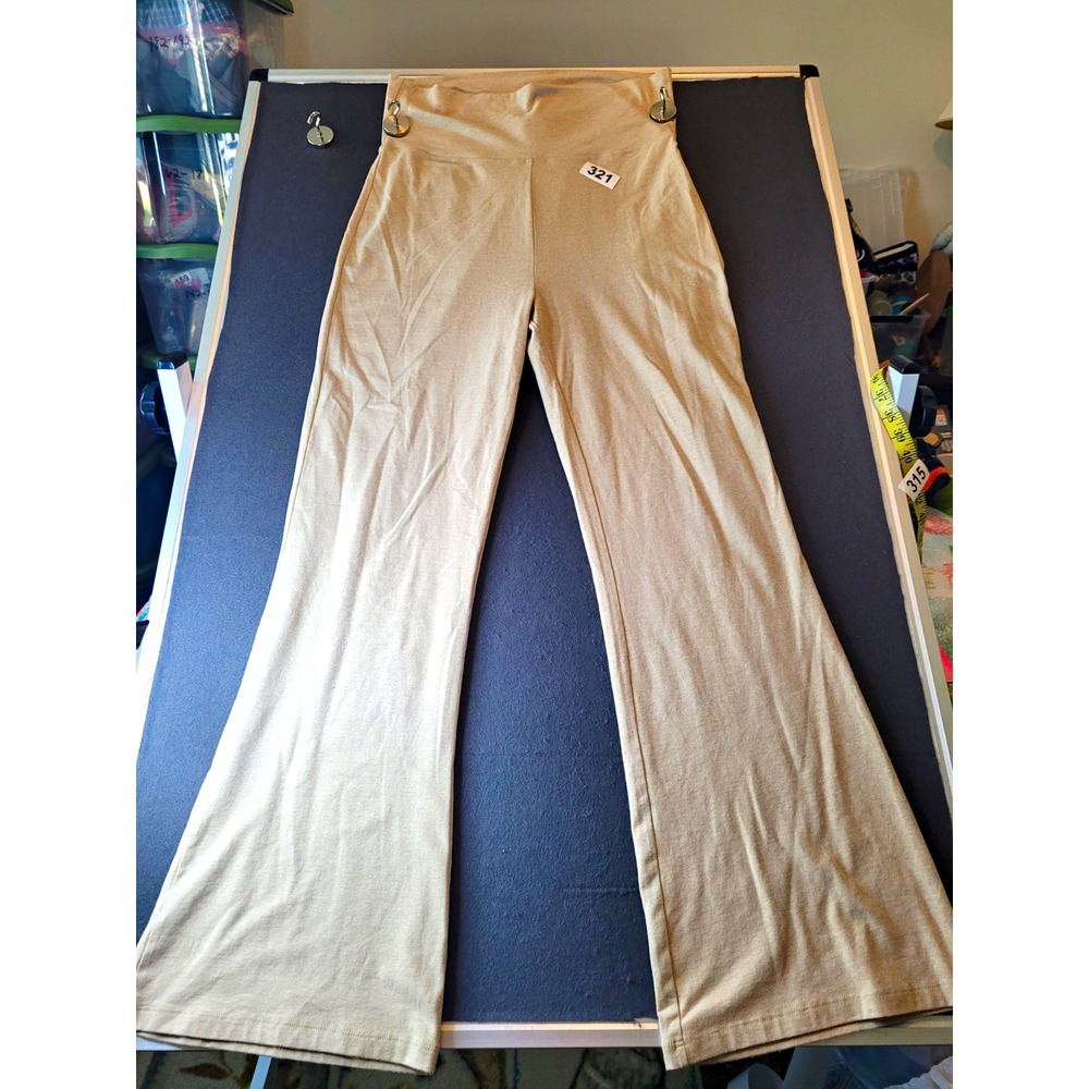 Zenana Women's 1X Beige Stretch Knit Pull-On Flared Pants Flat Front 32"